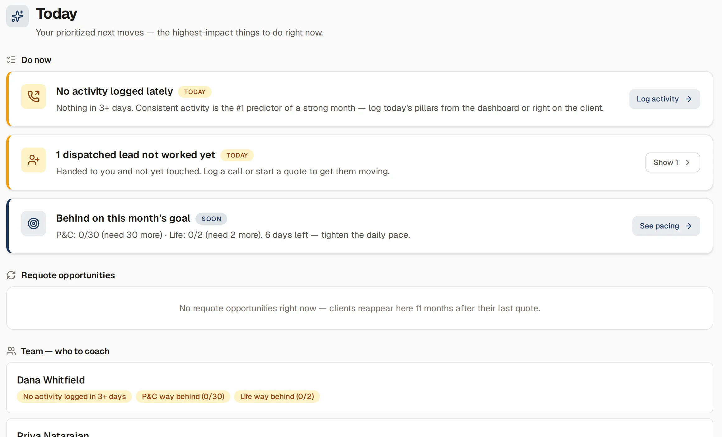 Today screen in a demo agency: prioritized next moves for the day and the team members to coach